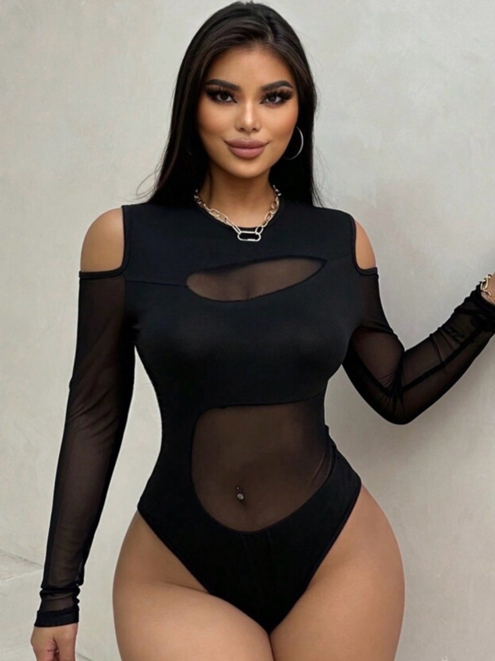 SHEIN Cold Shoulder Mesh Panel Long Sleeve Bodysuit
